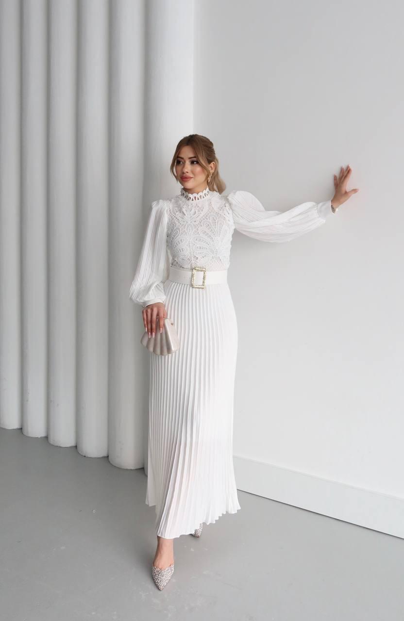 White Lace Blouse and Pleated Skirt Set / White Evening Dress Set