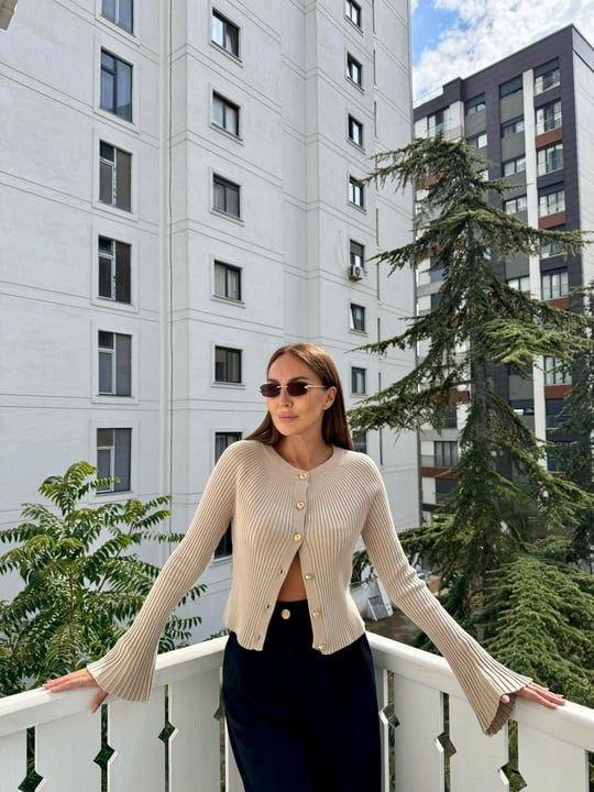 Beige/Stone Colored Ribbed Crop Cardigan with Gold Buttons and Spanish Sleeves