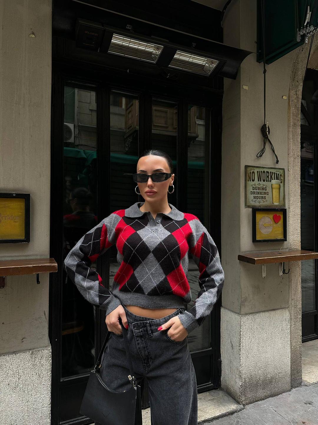 Argyle Patterned Crop Polo Collar Sweater Sweater