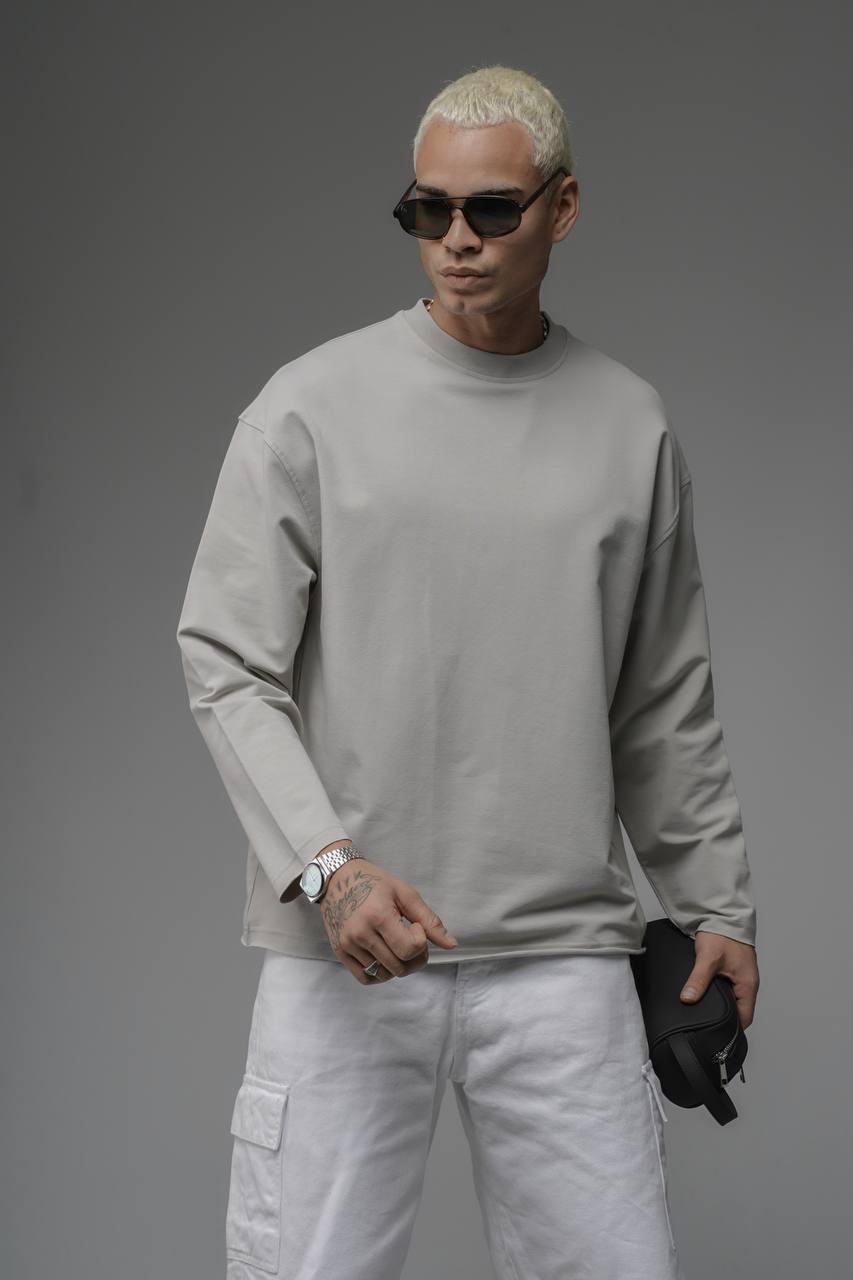 Taş Rengi (Bej/Gri) Oversize Uzun Kollu Tişört