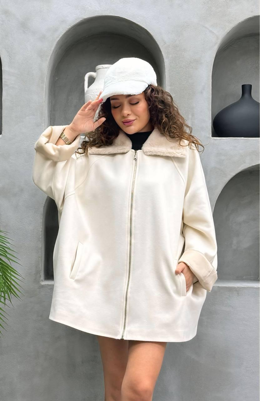 Укороченная куртка-бомбер из искусственной замши с меховой отделкой и молнией / Куртка - Кремовый цвет