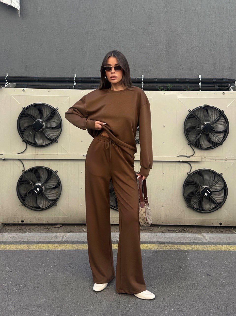 Kahverengi/Çikolata Tonlarında Wide Leg (Geniş Paça) Eşofman Takımı