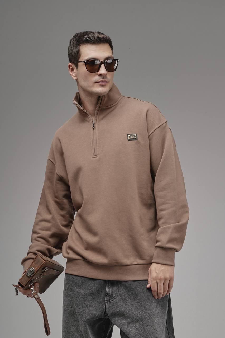 Tobacco/Brown Tones Mock Neck Half-Zip Oversize Men's Sweatshirt