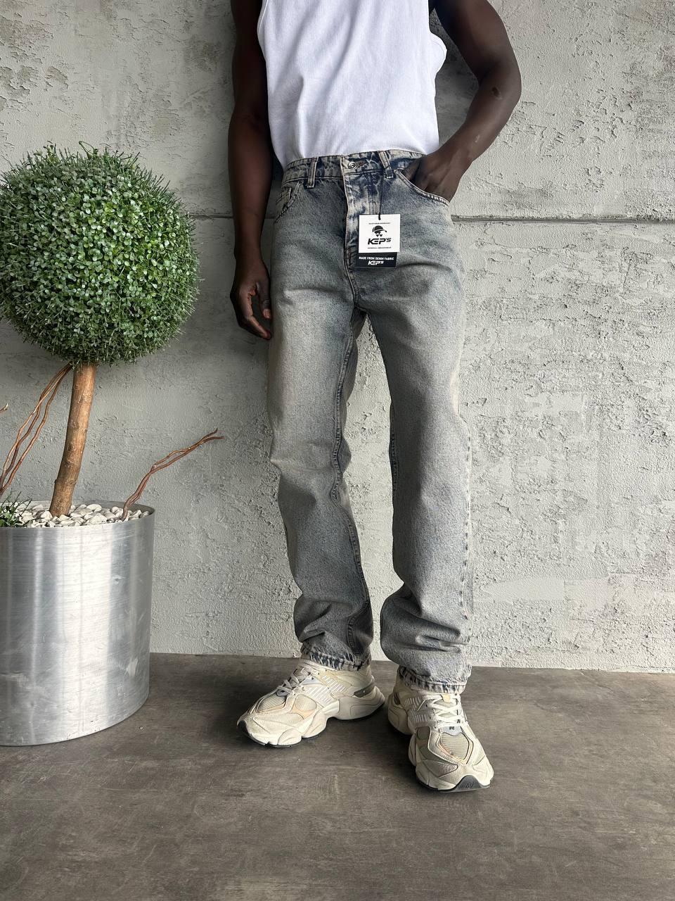 Açık Mavi/Gri Vintage Yıkamalı Düz Kesim Jean Pantolon