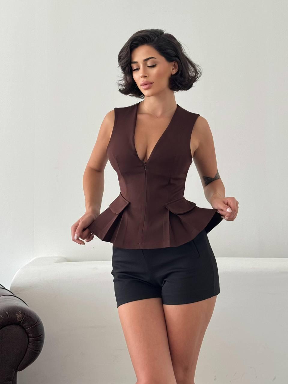 Kahverengi Peplum Korse Üst