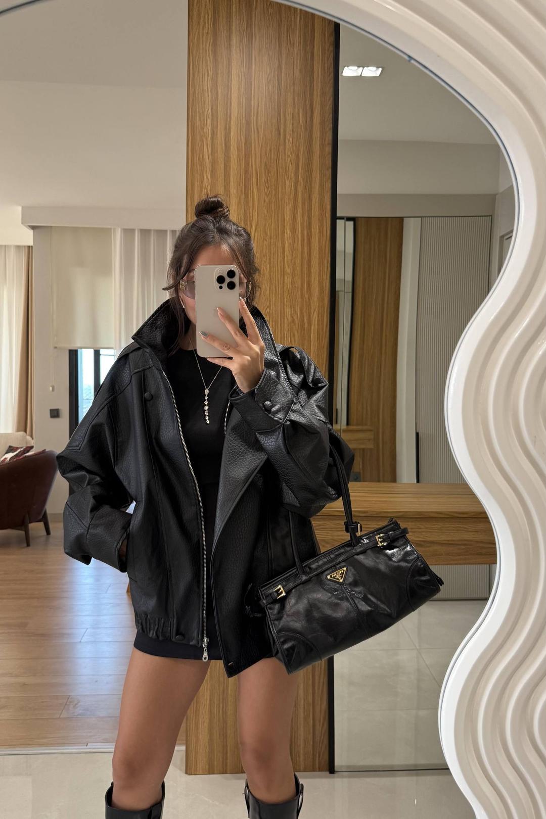 Oversize High Neck Black Faux Leather Biker Jacket