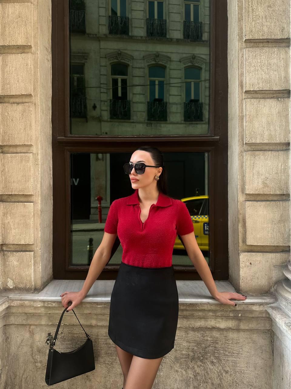 Red Textured Short-Sleeve Polo Blouse