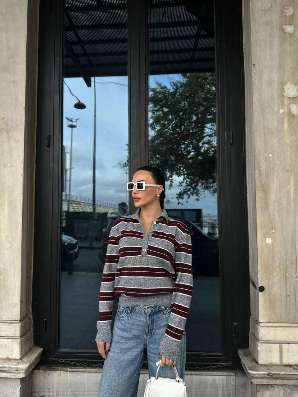 Polo Neck Striped Knit Sweater - Charcoal & Burgundy