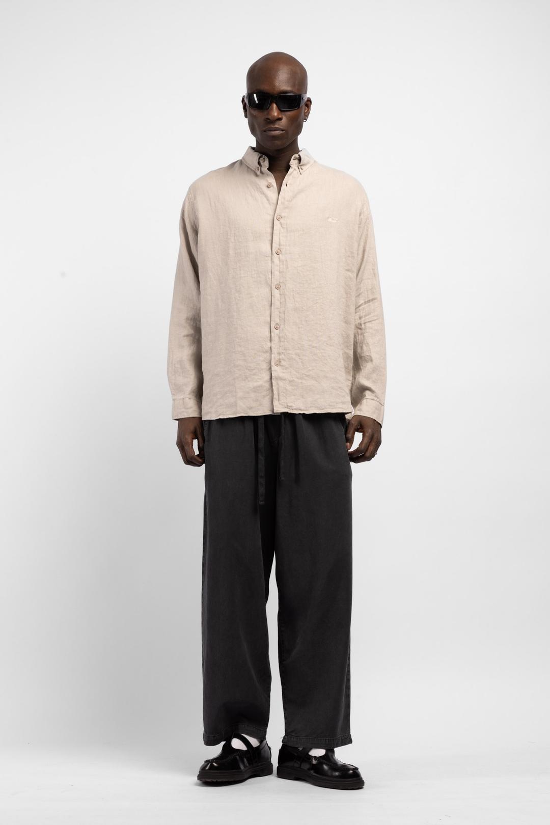 Raw Linen Blend Oversize Shirt - Beige
