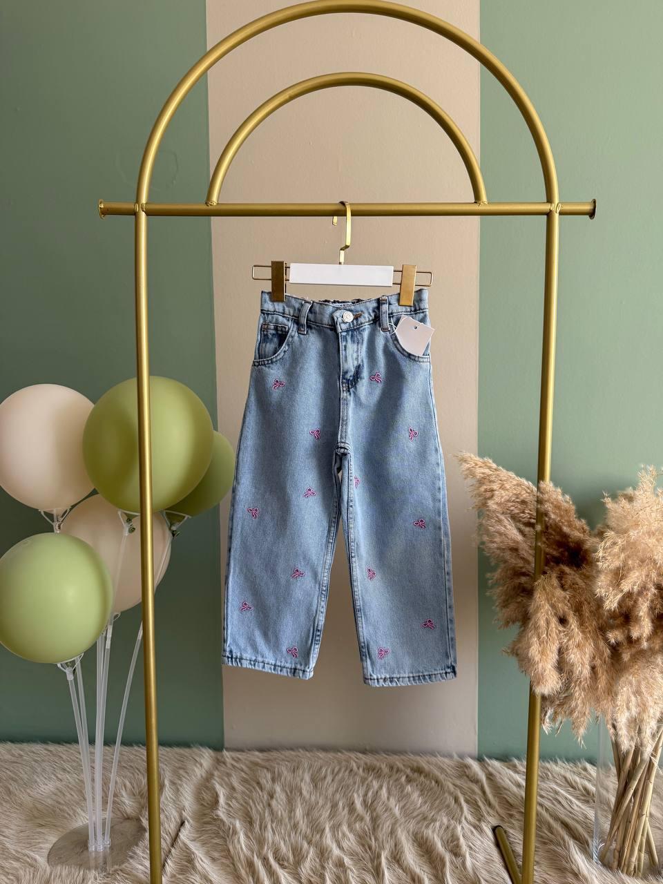 Pembe Fiyonk İşlemeli Açık Mavi Wide Leg Çocuk Jean Pantolon