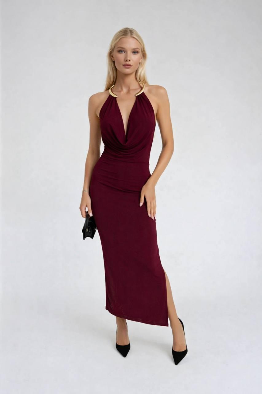 Hera Metal Detail Burgundy Invitation Dress