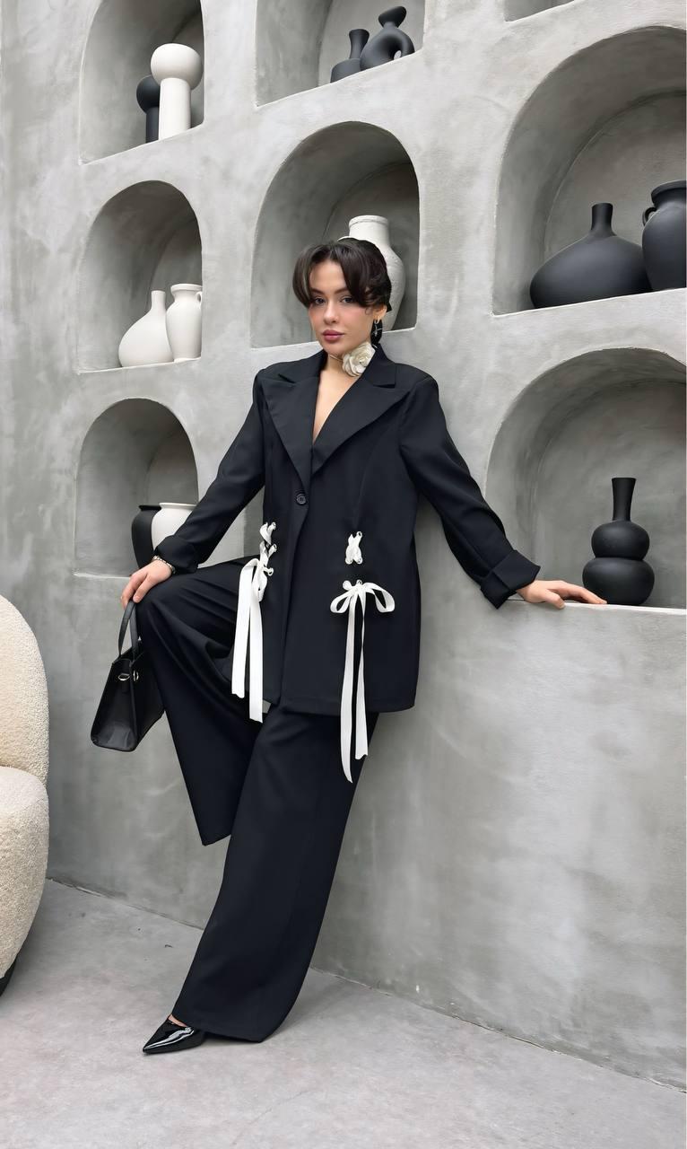 Pearl Ribbon Detailed Oversize Blazer Suit