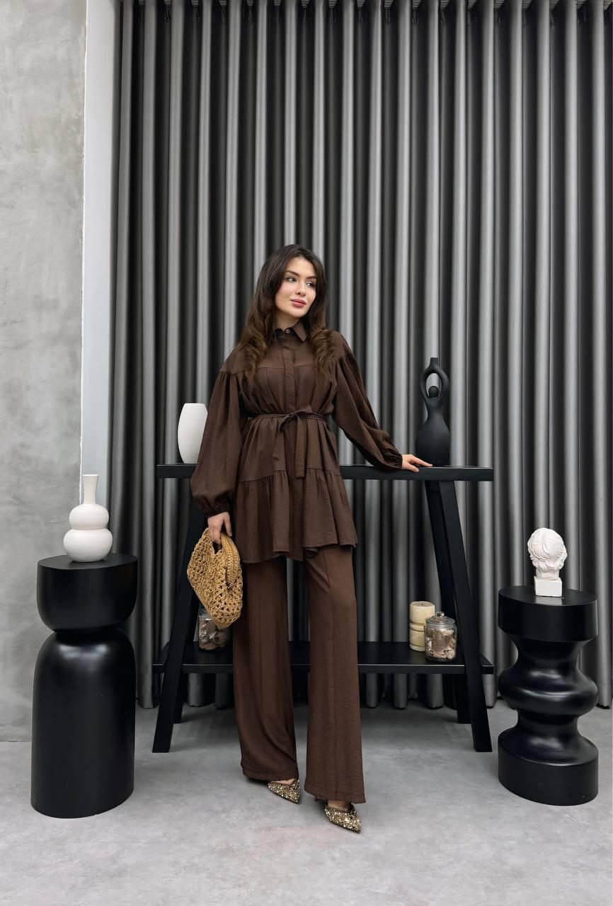 Brown Tie-Waist Tunic & Wide-Leg Pants Set