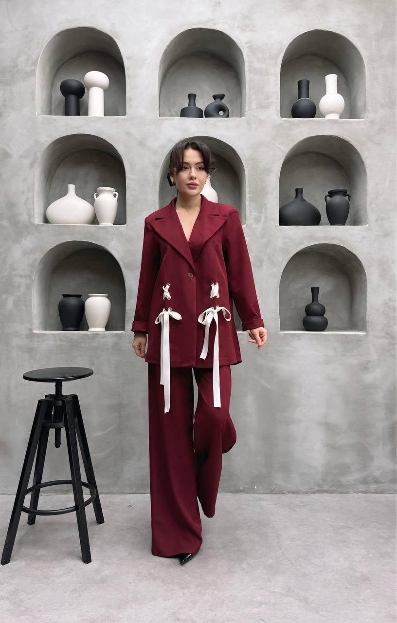 Burgundy Tie Detail Blazer & Wide Leg Trousers Set