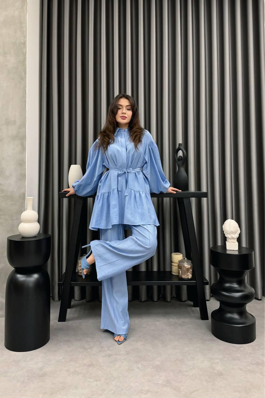 Balloon Sleeve Belted Tunic Pants Set - Baby Blue