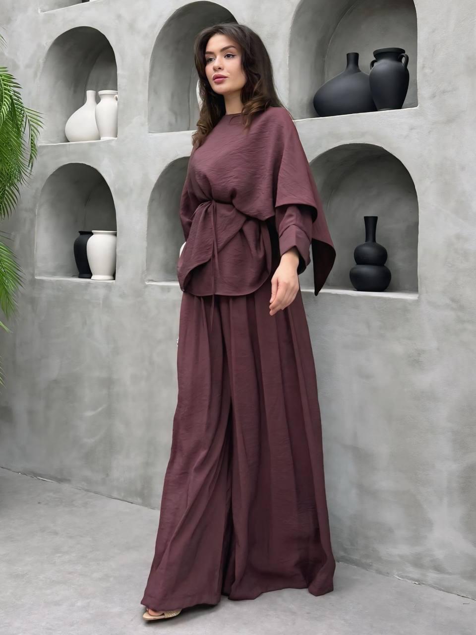 Vienna Tie-Up Chiffon Suit (Burgundy/Anthracite)