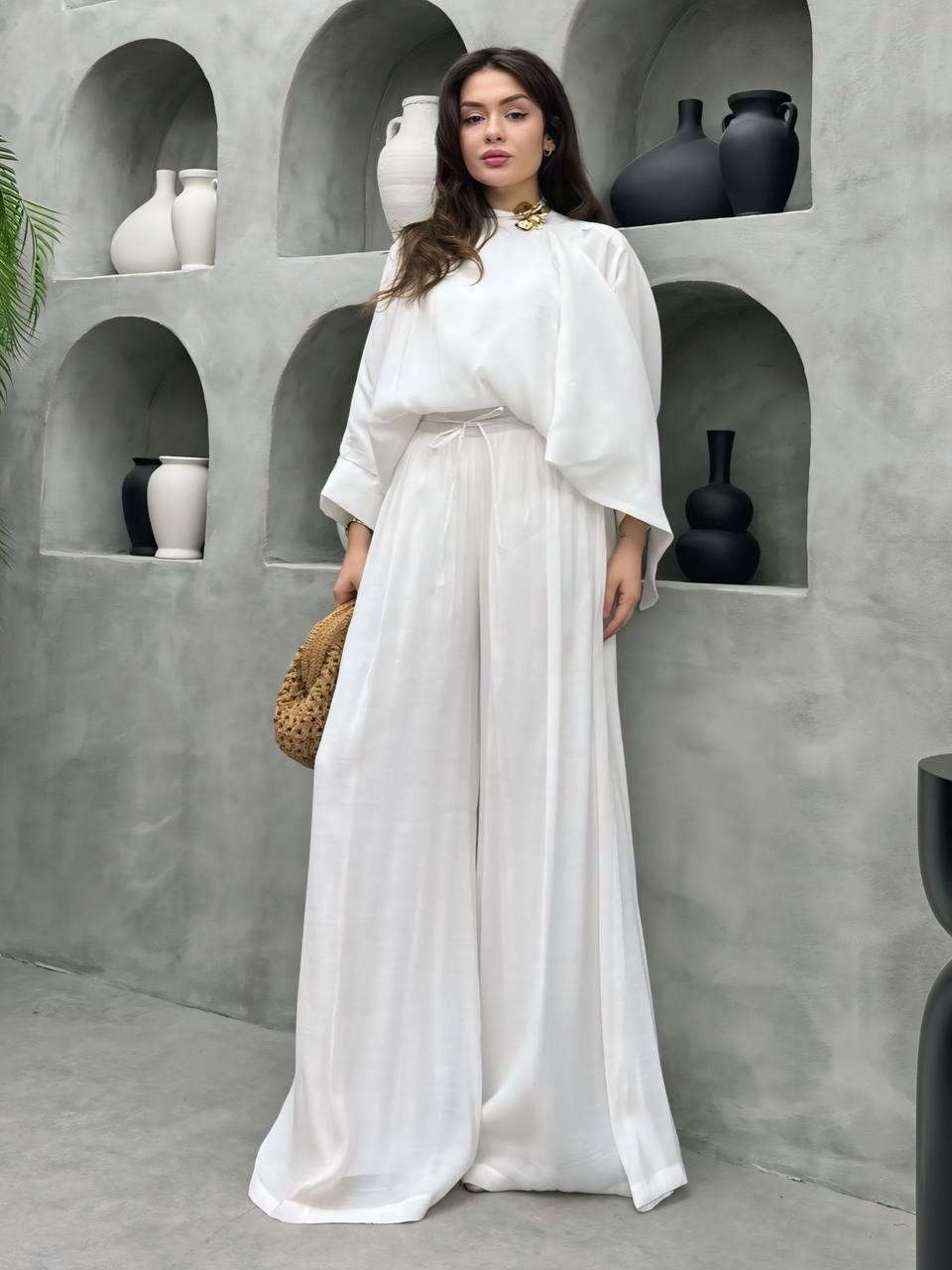 White Drape Satin Palazzo Suit